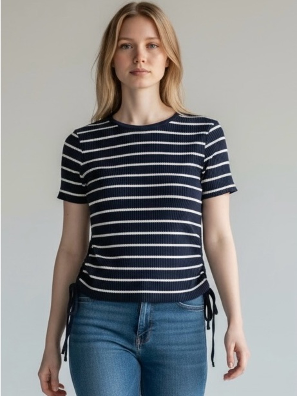 Pink Rose Navy and White Striped Short Sleeve Knit Top